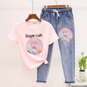 

Women Set Summer Beading Print Cotton T shirt + Elastic Waist Denim Pants 2pcs Loose Jeans + Tee Tops Female Two Piece Outfits