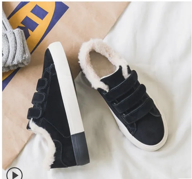 Black with white fur SWONCO женские зимние кроссовки; модные теплые плюшевые туфли на плоской подошве на липучке; женские зимние кроссовки на платформе; нескользящая обувь для девушек - Цвет: Black with white fur