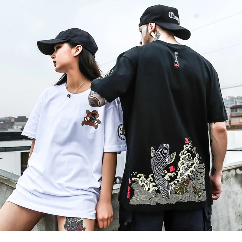 HTJ Японская уличная футболка с вышивкой рыбы Мужская Harajuku футболка с принтом денег хип хоп топы футболки хлопок короткий рукав