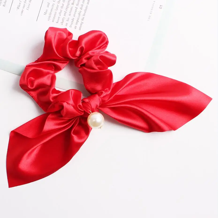 B-red Pure Color Elastic Hair Band Rabbit Ear Bow Pearl Hair Rope Satin Ponytail Scrunchie Hair Tie For Women Headband Hair Accessorie - Цвет: B-red
