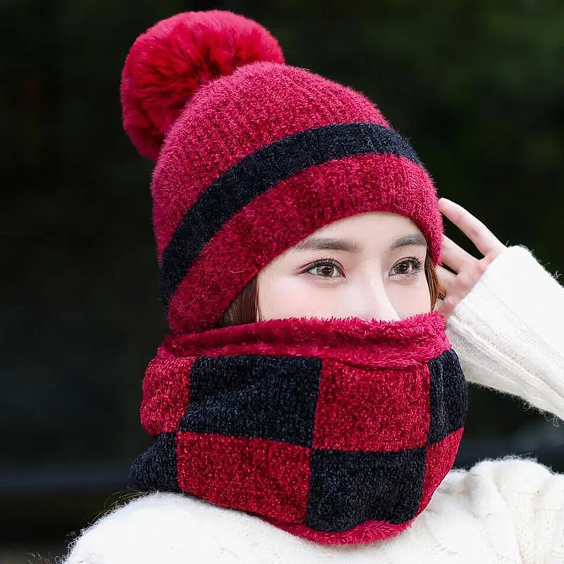 Зимняя женская вязаная шапка, шарф, комплект для девочек, теплые толстые плюшевые шарфы с капюшоном, женские уличные аксессуары, шапки