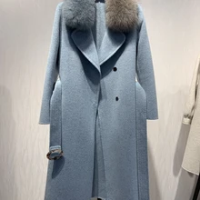 OFTBUY новое пальто из натурального меха лисы меховой воротник зимняя куртка женская Шерстяная Смесь тонкая Длинная Верхняя одежда с поясом женская уличная