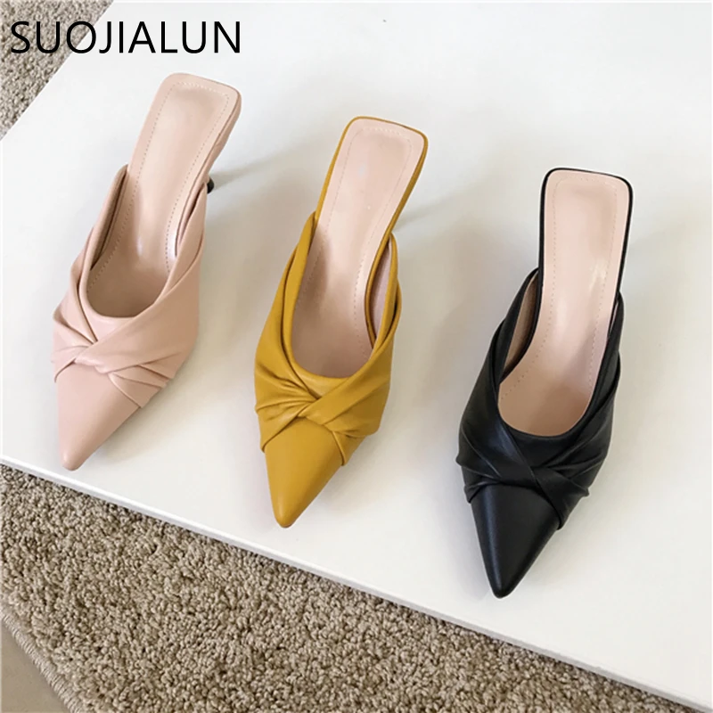 

SUOJIALUN Women Slippers Pointed Toe Bow-knot Slip On Mules Shoes Fashion Outside Shallow Low Heel Slides Ladies Dress Shoes