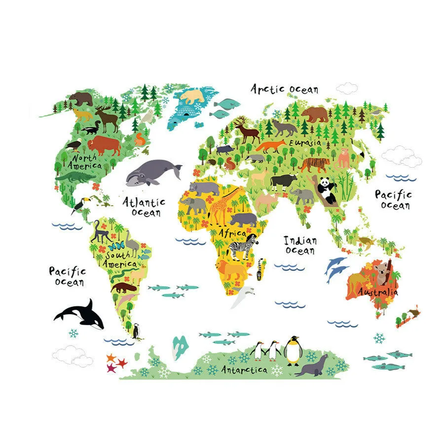 Животные карта мира наклейки на стену Наклейка для детской спальни Детская комната Декор ПВХ съемные Детские художественные наклейки