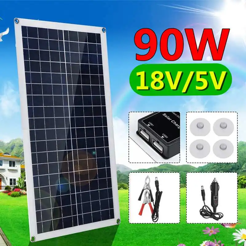 

90W Solar Panel 18V/5V Waterproof USB Polycrystalline Solar Cell Module for Outdoor Camping Car Boat Emergency Light Charger