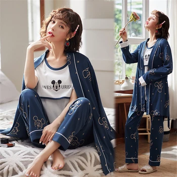 

Plus size confinement clothes three-piece pregnant women's pajamas cotton kimono sexy sleepwear ladies loose soft home clothes