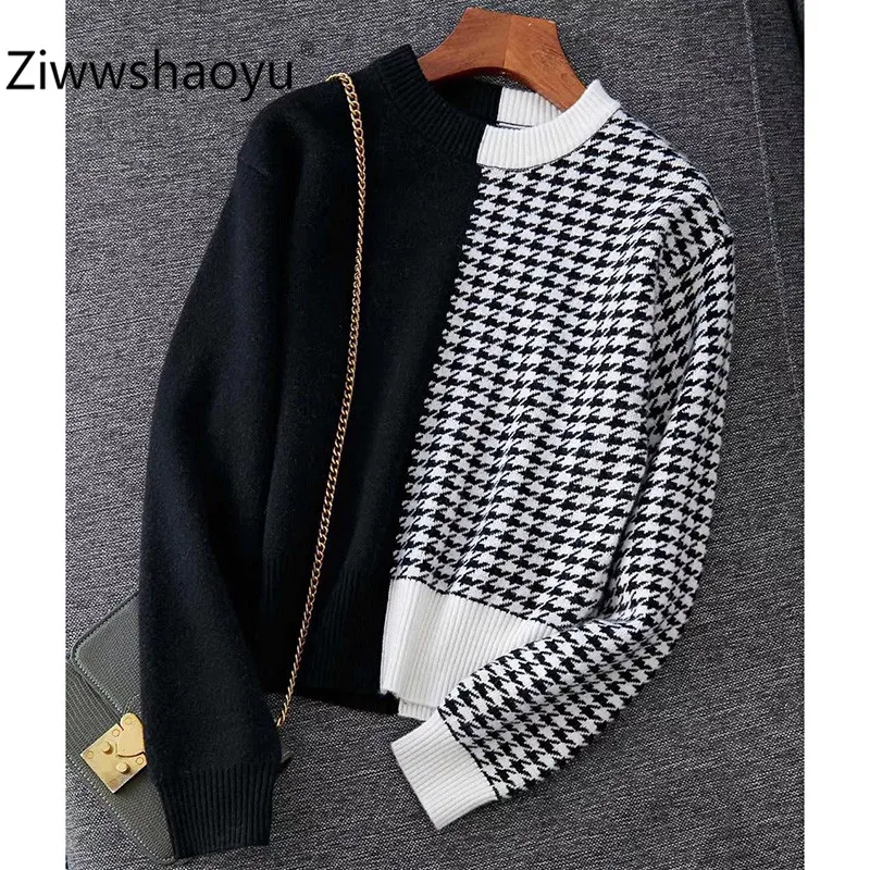 Ziwwshaoyu мода осень зима черный лоскутное Хаундстут Вязание Пуловер Женская одежда высокого качества