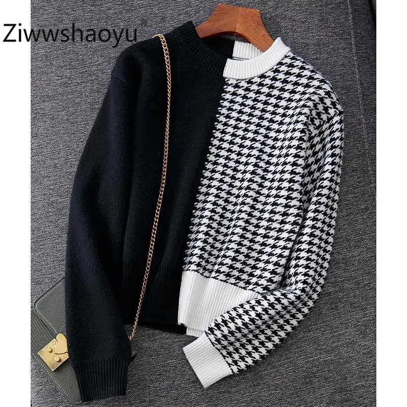 

Ziwwshaoyu fashion Autumn Winter Black Patchwork Houndstooth Knitting Pullover Women's High Quality Clothing