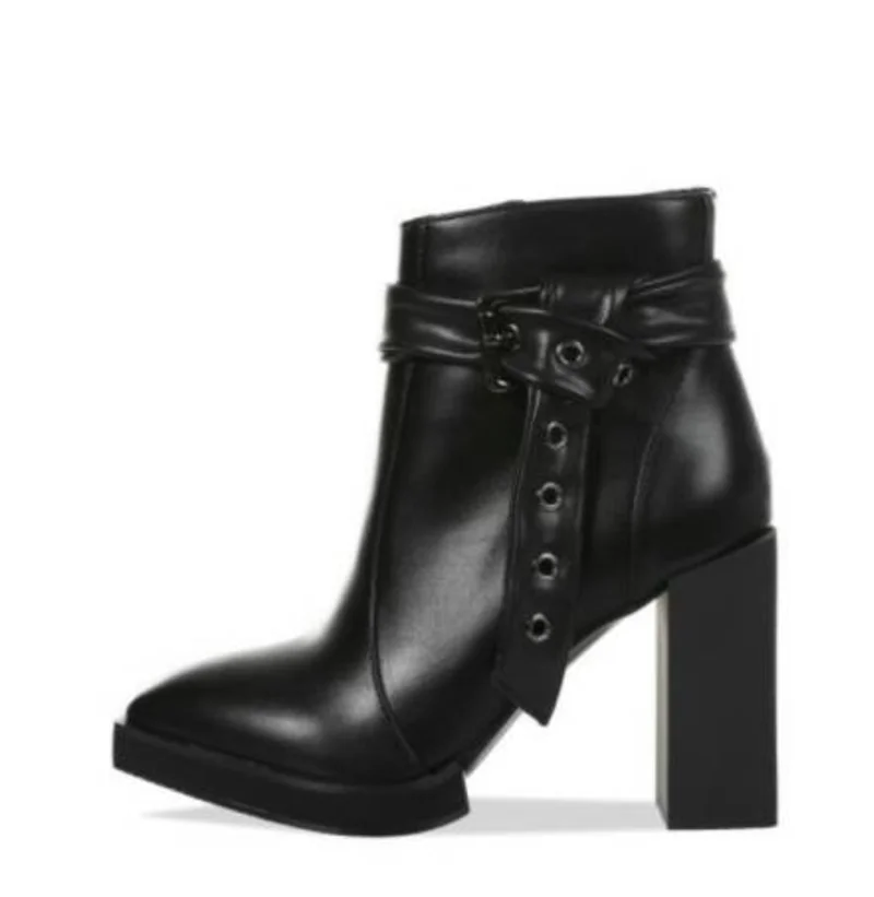 

Womens Pointed Toe Ankle Boots Platform Belt Buckle Block Chunky High Heel Fleece Liner Side Zipper Shoes Punk Motorcycle Black
