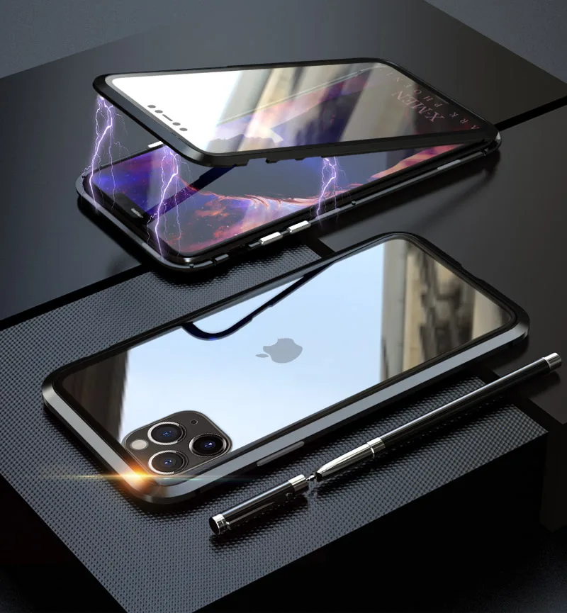 Black Двойной чехол из закаленного стекла для iPhone 11 Pro Max чехол с металлической рамкой Магнитный противоударный чехол для iPhone 11 Pro Max Shell - Цвет: Black