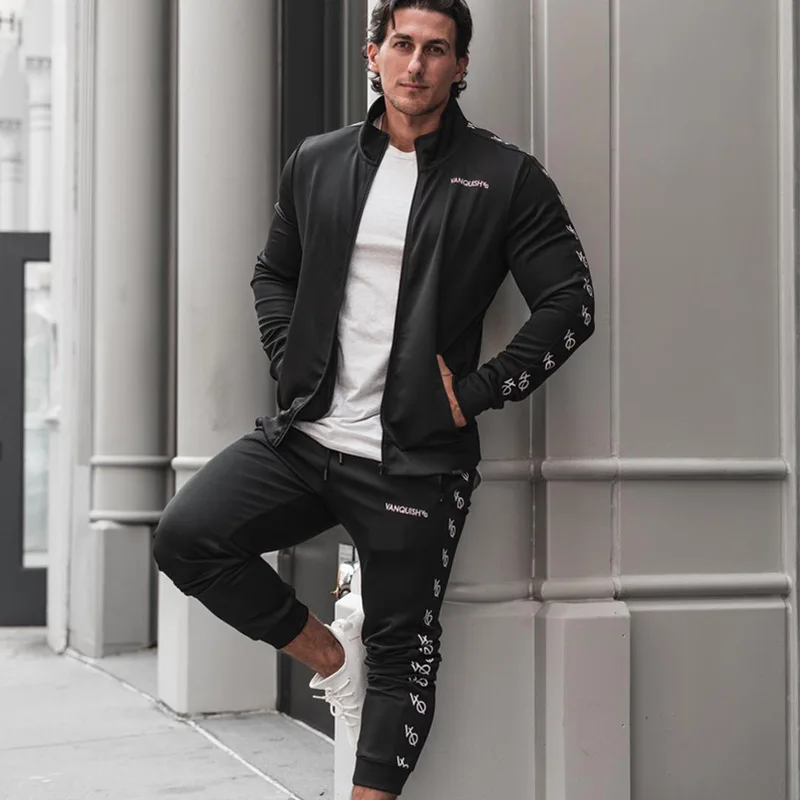 

Fitness Suit Set Men's Spring And Autumn Stand Collar Coat Trousers Two-Piece Set Running Sports Outdoor Casual