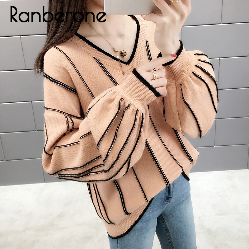Ranberone Autumn Winter Women Knitted Sweaters Pullovers Loose Wild Fashion V Neck Striped Pullover Patch Pull Femme Lady Top Ranberone Autumn Winter Women Knitted Sweaters Pullovers Loose Wild Fashion V Neck Striped Pullover Patch Pull Femme Lady Top