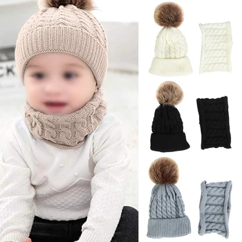 

2pcs Gift Knitted Hat Scarf Set Autumn Winter Cute Soft Warm Daily Striped Woolen Yarn Unisex Baby Kids Outfit Neckerchief