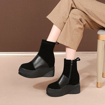 

fashion Winter Boots Women Winter Newest Platform Genuine Leather Chunky Platform Heels Shoes Woman Party Ankle Boots