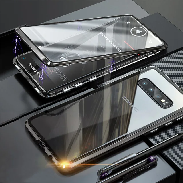 Black Двухсторонний чехол из закаленного стекла для samsung Galaxy S8 Plus S9 S10 5G S10e, магнитный металлический бампер, роскошный защитный чехол для мобильного телефона - Цвет: Black
