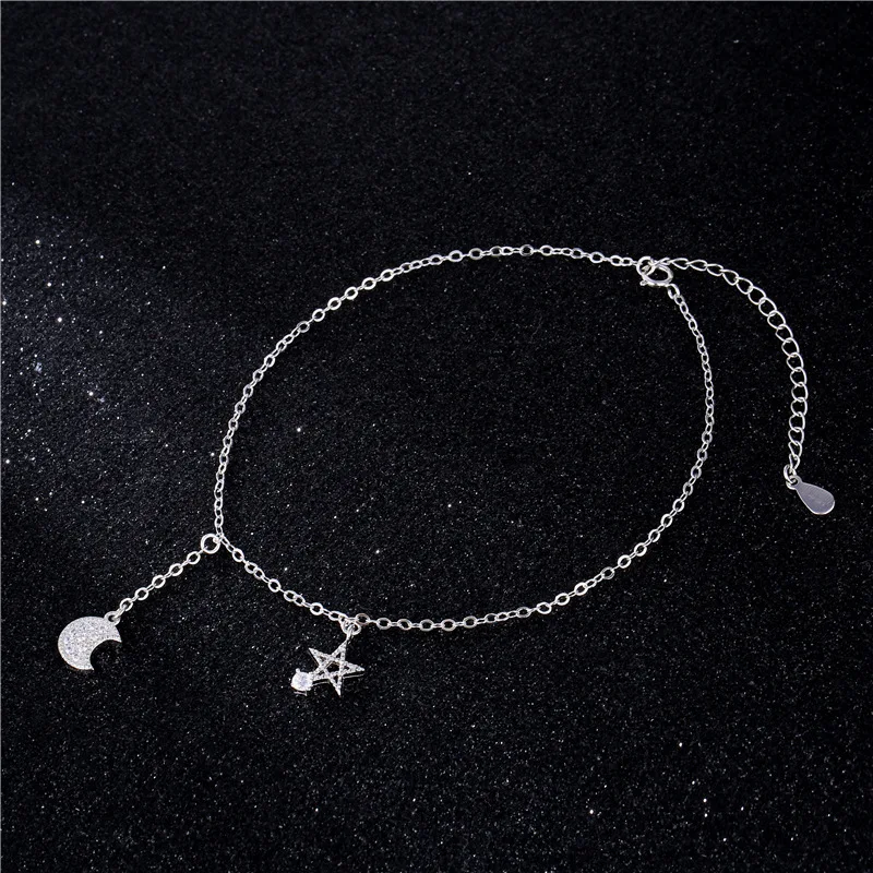 

Yin Foam Korean-style S925 Silver-plated Simple Inlaid Zircon Five-pointed Star Moon Anklet Foot Ornaments Women's Silver Access