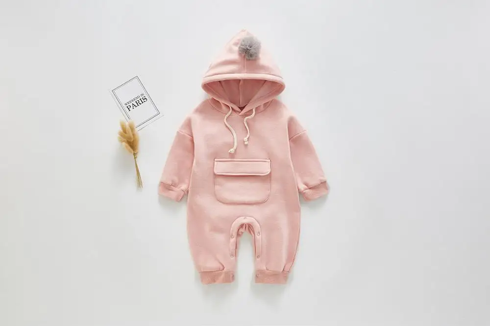 Новинка; боди для младенцев; зимняя одежда для малышей; одежда с добавлением шерсти; комбинезон с большими карманами - Цвет: Розовый