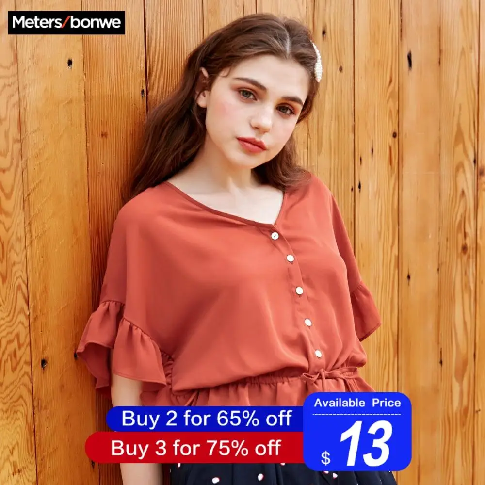 Metersbonwe, женские блузки,, модная рубашка с коротким рукавом, тонкая талия, милая блузка для девочек, рубашка, повседневные топы, новое поступление