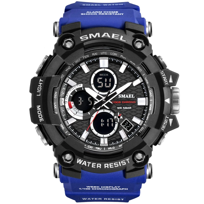 Blue Спортивные часы Dual Time Мужские часы 50 м водонепроницаемые мужские часы военные часы для мужчин 1802D шок Resisitant спортивные часы Подарки - Цвет: Blue