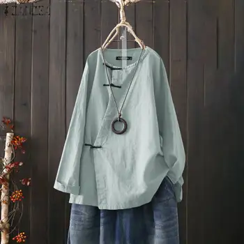 

ZANZEA Women Tops and Blouses 2020 Vintage O Neck Shirts Casual Long Sleeve Tunic Tops Cotton Solid Long Sleeve Blusas Chemise 7