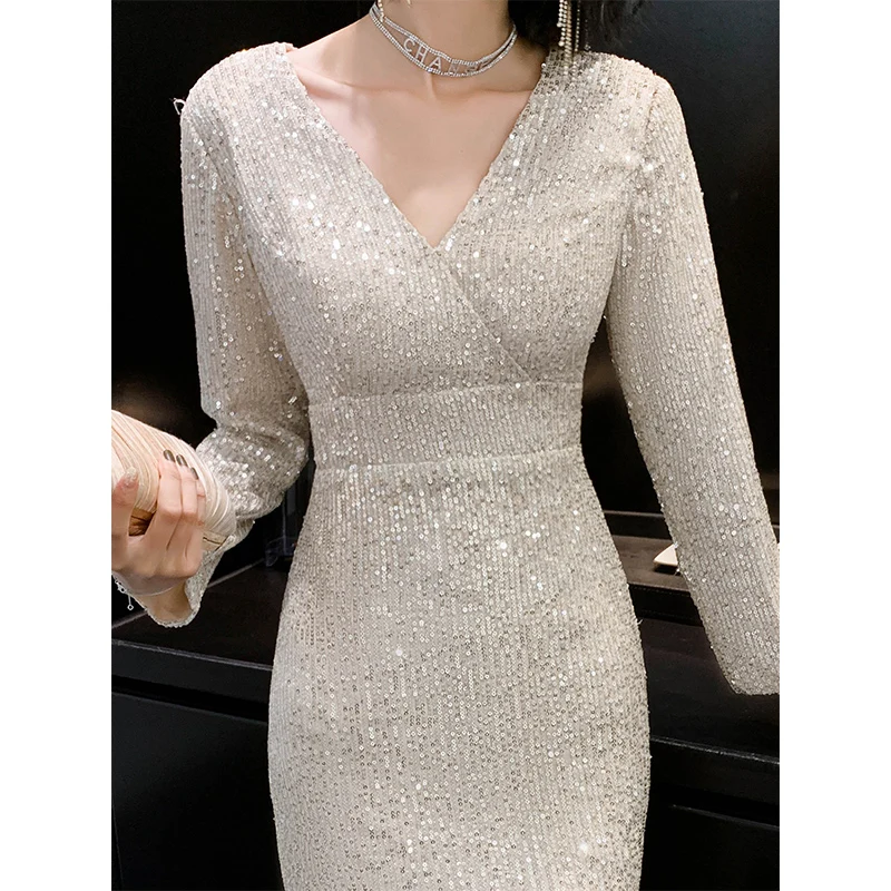 Золотой Skyyue, длинные рукава, Vestidos De Gala, платья для выпускного вечера, с золотыми блестками, с бантом, платья для выпускного вечера K074, сексуальные платья Depp с v-образным вырезом и разрезом для вечеринок - Цвет: Золотой