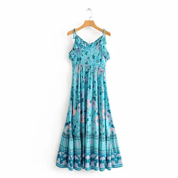 

2020 Spring Women's New Fashion All-match Thin Waist Fringe Shoulder Strap Backless Positioning Printed Sling Ruffled Midi Dress
