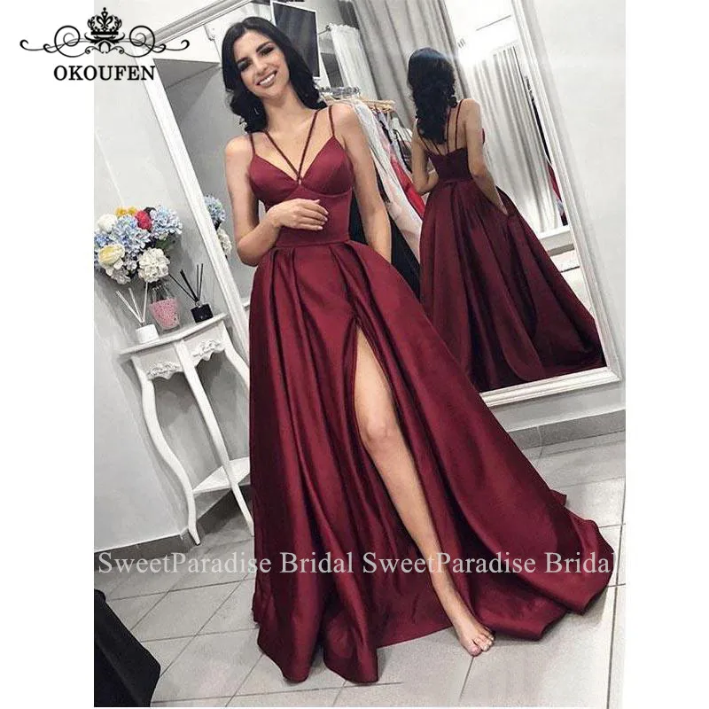 

Vogue Formal Evening Dress For Women Burgundy Satin A Line Side Split Long Party Prom Dresses Robe De Soiree