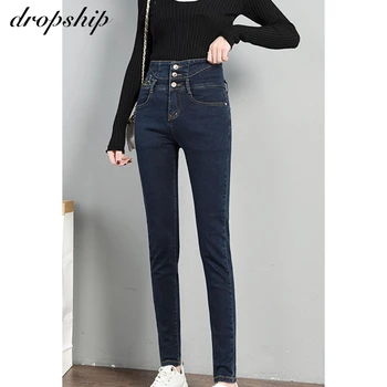 

Dropship Woman Regular High Waist Mom Jeans Women Button Fly Plus Size High Street Slim Feet Demin Stretch Pencil Pants Black