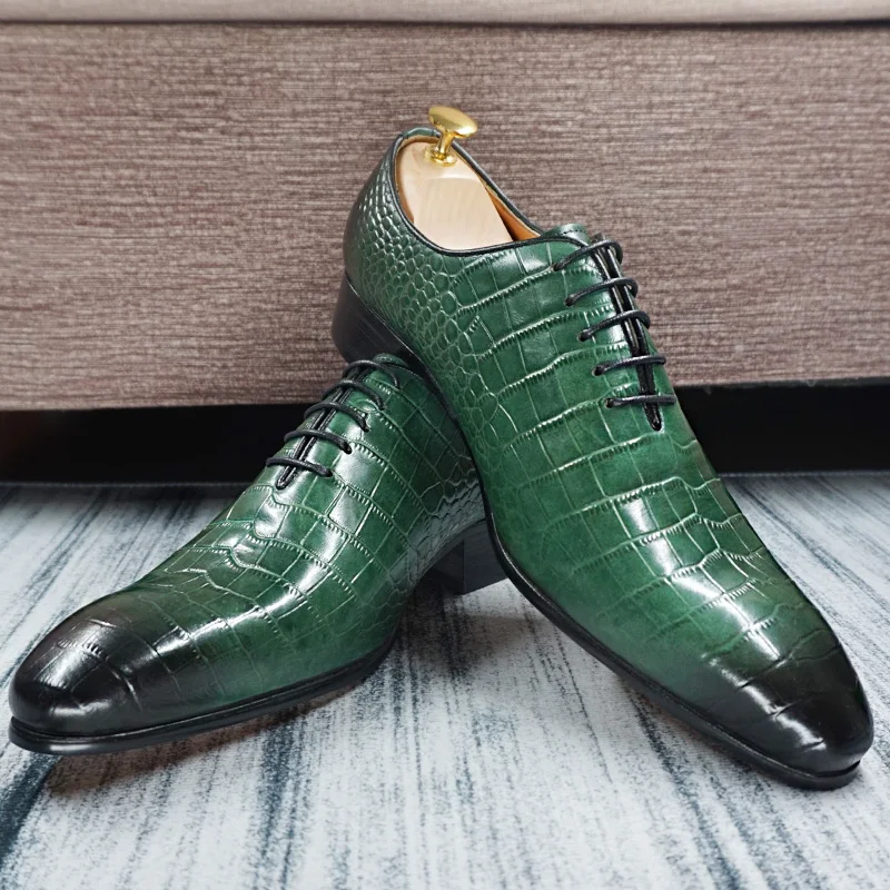LUXURY MEN OXFORD SHOES GREEN BLACK CROCODILE PRINT LACE UP CASUAL MEN DRESS SHOES OFFICE WEDDING PARTY GENUINE LEATHER MAN SHOE