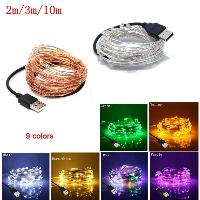 Светодиодная Серебряная/медная проволочная гирлянда 2 м/5 м/10 м USB 5 В с питанием Рождественская гирлянда наружная/Внутренняя декоративная Свадебная вечеринка