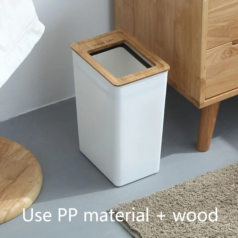 Yamazaki 3132 COMO Poubelle Minimaliste Blanc Avec Poignée Bois - Design Japonais