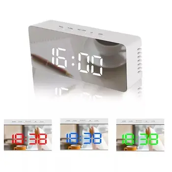 

LED Mirror Alarm Clock Digital Snooze Table Clock Electronic Display Multifunction With Thermometer USB Rechargeable Large
