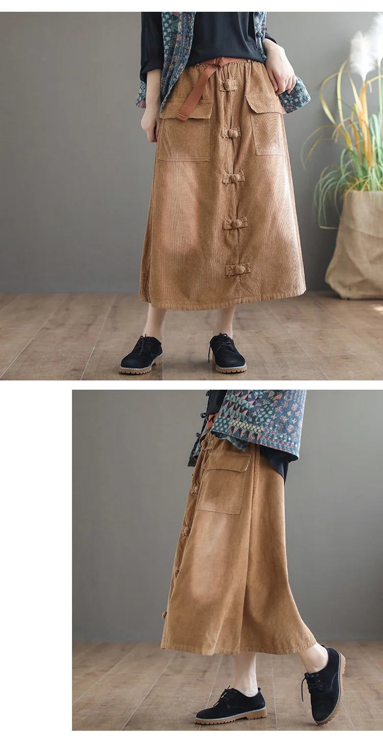 Johnature Women Vintage Skirts Pockets Elastic Waist Corduroy A-Line Skirts Autumn New Chinese Pockets Loose Women Skirts
