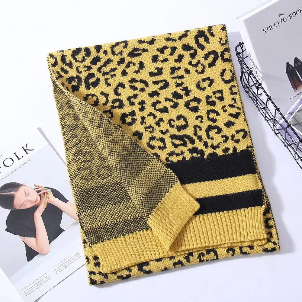 Желтый леопардовый шарф для женщин Корейские вязаные розовые зимние шарфы толстые теплые женские кофейные длинные шарфы модные платки Femme
