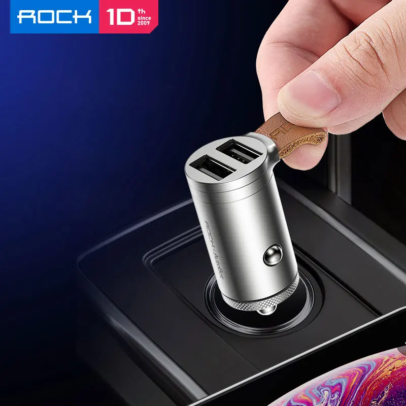 Автомобильное зарядное устройство ROCK 24 Вт Mini 2 USB для iPhone Xiaomi с двумя портами, автомобильное зарядное устройство USB 2.4A, быстрая зарядка для мобильных телефонов