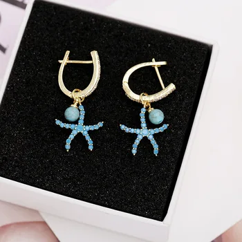 

Beilan Europe Star/Starfish Shape Blue Color Cubic Zircon Ladies Gold Earrings Korean 2020 Woman Earring Fashion Jewelry YEA345