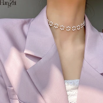 

HangZhi 2020 New Elegant Pearls Geometric Hollow Round Link Chain Collar Choker Necklace for Women Anniversary Party Jewelry