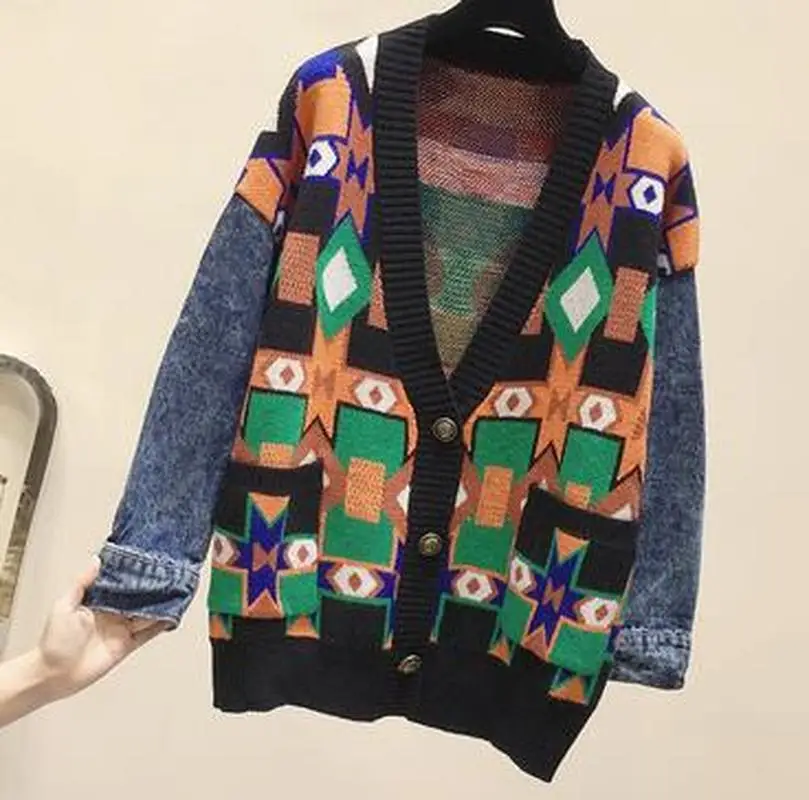 Loose V-Neck Long Sleeve Women Tops Autumn Winter New Fashion Pattern Denim Patchwork Knitting Sweater Cardigan Q027