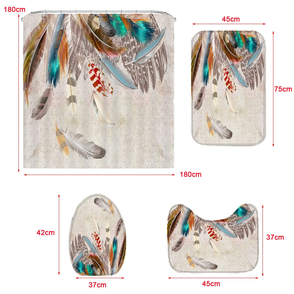 3pcs Bathroom Mats Set Feather series Shower Curtain Anti-Slip Pedestal Rug Lid Toilet Cover Shower Floor Toilet Rug Carpet