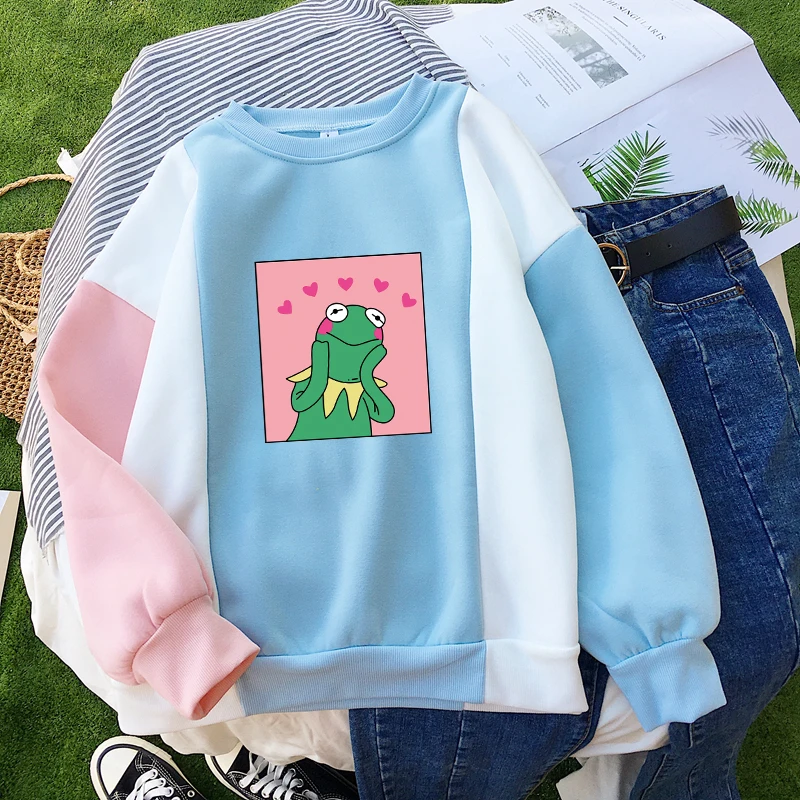 Женская осенне-зимняя новая флисовая толстовка Kawaii с милым рисунком лягушки повседневная с круглым вырезом цветной Плетеный женская толстовка Hosodies