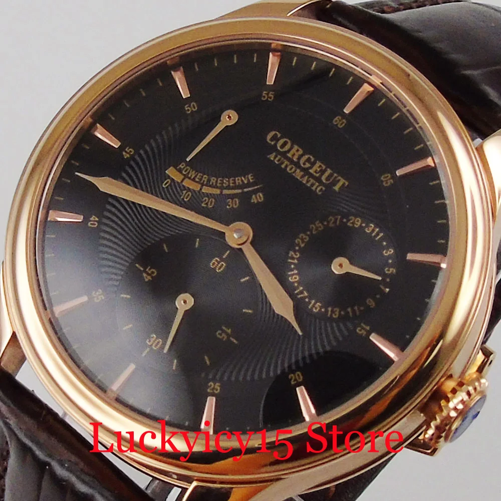 CORGEUT Automatic Men Wristwatch Black Dial Leather Band Power Reserve Date Indicator Rose Gold Coated Case
