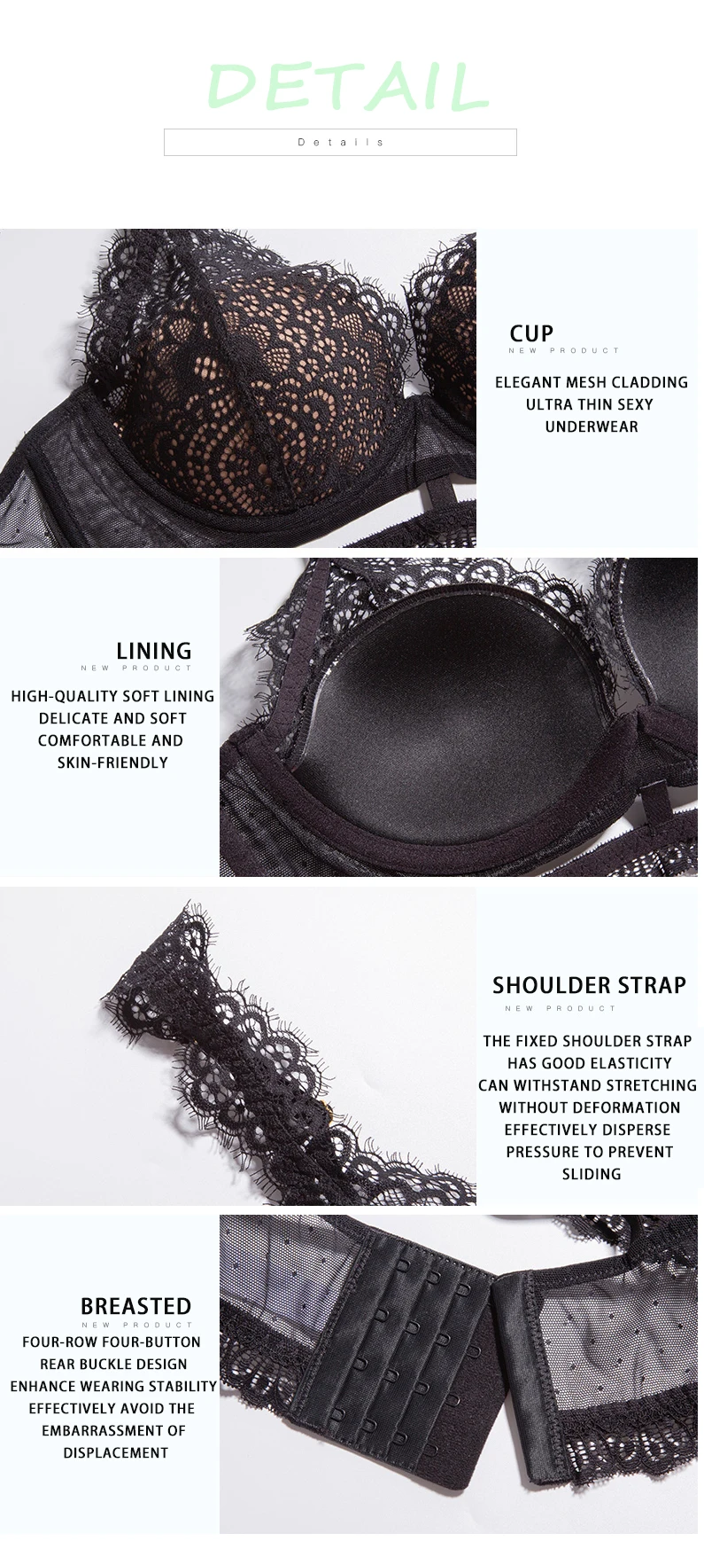 Sexy lace gathered bra thin section beautiful back underwear female bra bra set black adjustment type sexy bra panty set