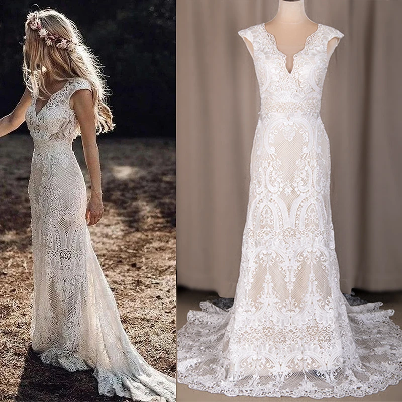 lace wedding dress 794#Deep V-Neck Sexy Backless Cap Sleeve Lace Sheath Boho Bohemian Wedding Bride Dress REAL PHOTO FACTORY PRICE CUSTOM MADE grace kelly wedding dress