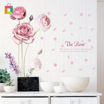

Romantic pink rose flower wall sticker ladies salon shop restaurant home decoration oil painting style mural DIY decal Cozy