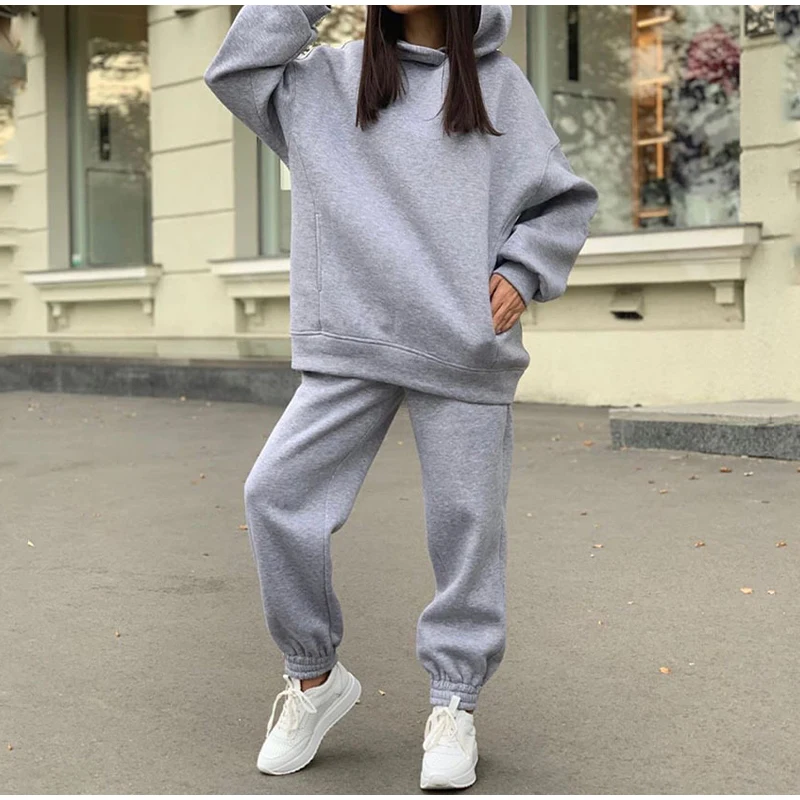 Two Piece Set Casual Fleece Tracksuit Women Winter 2021 Women's Sets Oversized Hooded Long Sleeve Hoodie Sport Pants Lady Suit
