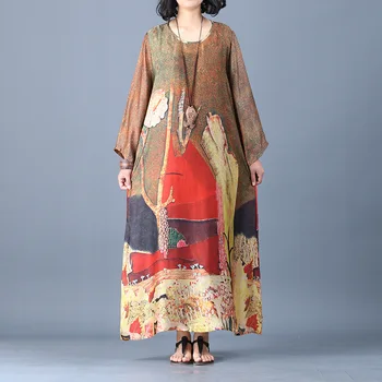 

Summer Retro National Wind Women'S Dress Loose Casual Hedging Long Dress Camisole Two Pieces Printedsilk Long Dress