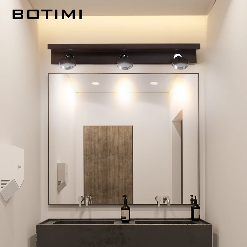 

BOTIMI 220V LED Mirror Light For Bathroom Nordic Wooden Bedside wall Lamp Bedroom Brown Cabinet Lighting Adjustable Wall Sconce