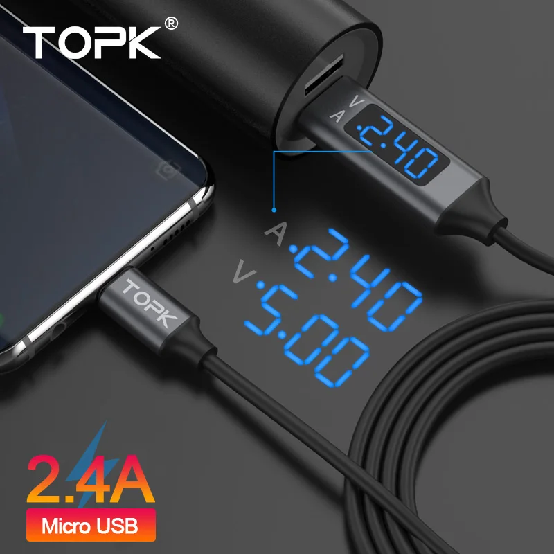 TOPK 1 м Micro USB кабель напряжение и ток дисплей синхронизации данных USB кабель для samsung Xiaomi huawei кабель Microusb