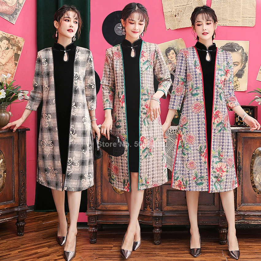 Традиционная китайская одежда Cheongsam Qipao для женщин и девочек, азиатская уличная одежда, замшевое пальто Ao Dai Morden, Ретро платье, комплект из двух предметов