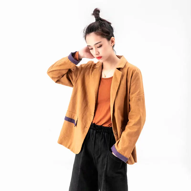 

2019 Autumn Solid Color Ramie Suit Collar Contrast Color Handmade Literature And Art WOMEN'S Small Business Suit Coat